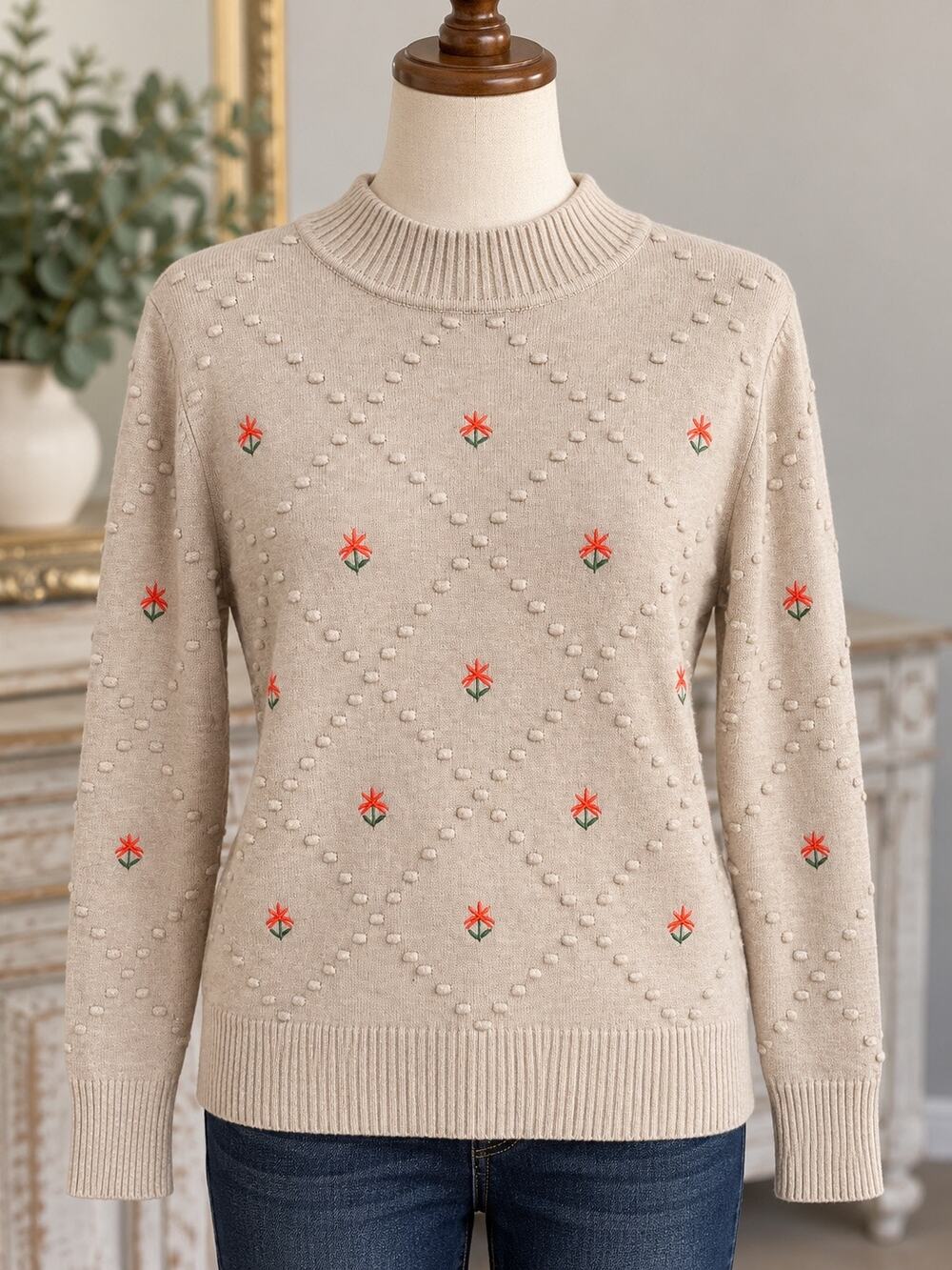 Aceda Womens M Beige Floral Embroidered Textured Knit Mock Neck Sweater